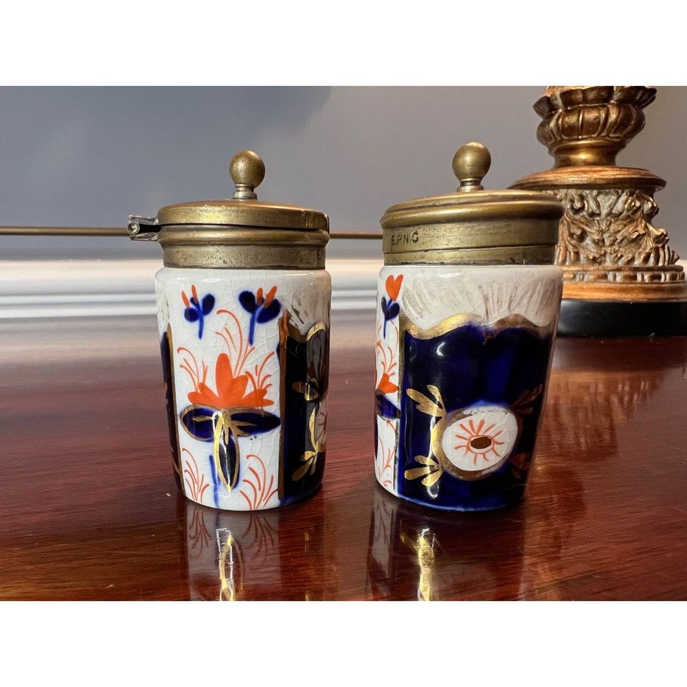 Vintage English Imari Salt and Pepper Shakers Porcelain with Silver Tops